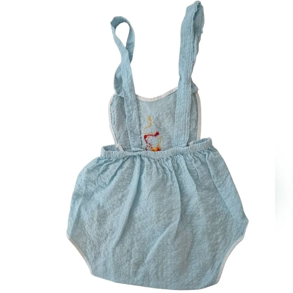 vintage 50s infant pastel blue seersucker‎ embroidered bird outfit swim